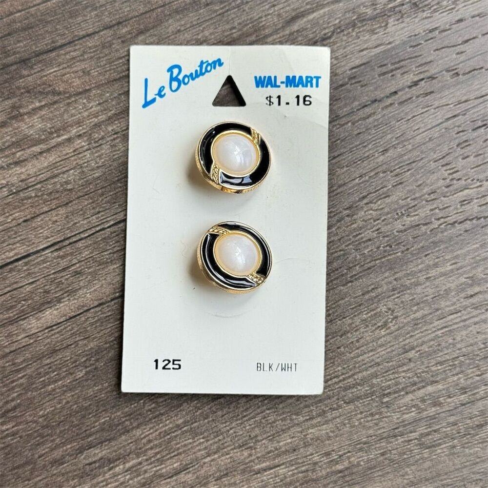 NEW on card Vintage 60s Le Bouton Black White Gold Round Buttons 3/4" 2 Count